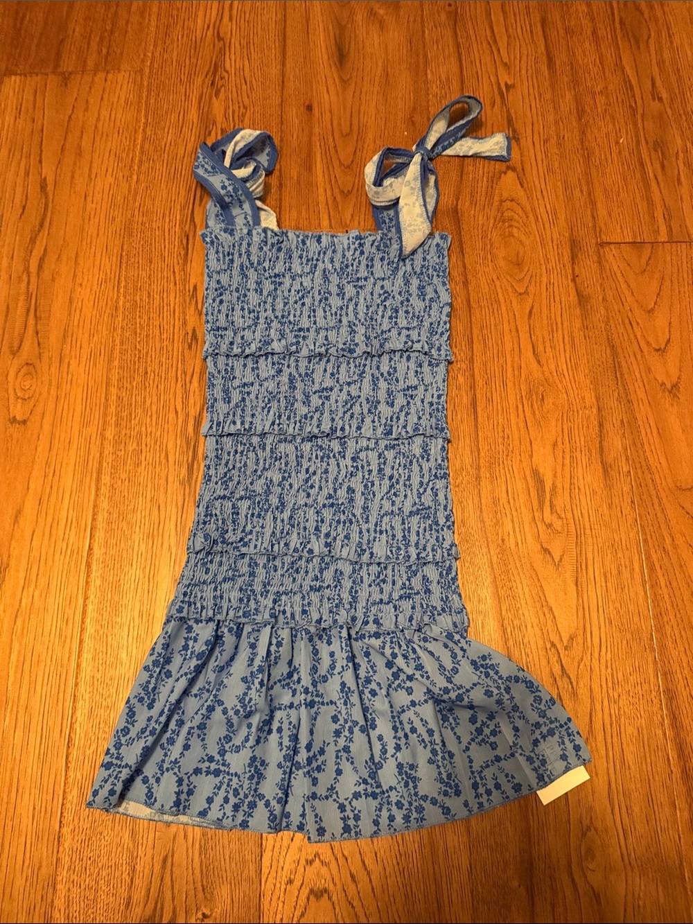 Smocked Blue Tie-Strap Mini Dress
